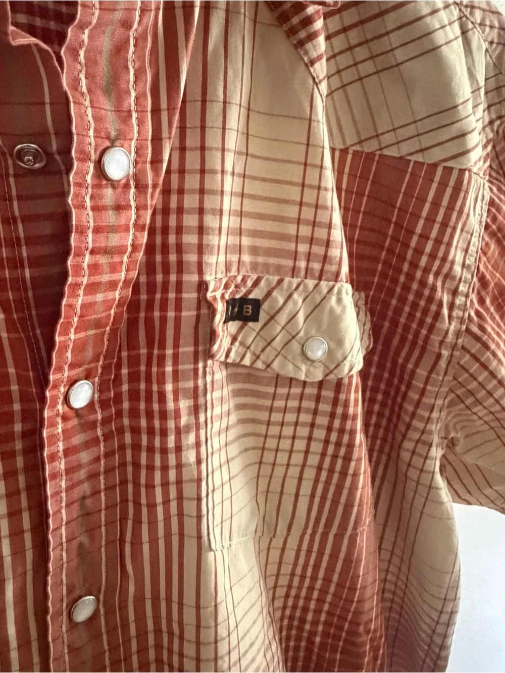 Howler Brothers Men’s Plaid Short Sleeve Western Snap Shirt Rust Cream Size L